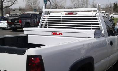 A Delta truck tool box & a Go Industries Flatiron headache rack on a Chevy Silverado